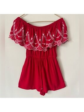 Kingston Vibrant romper boho summer Red with White embroidered Detailing S